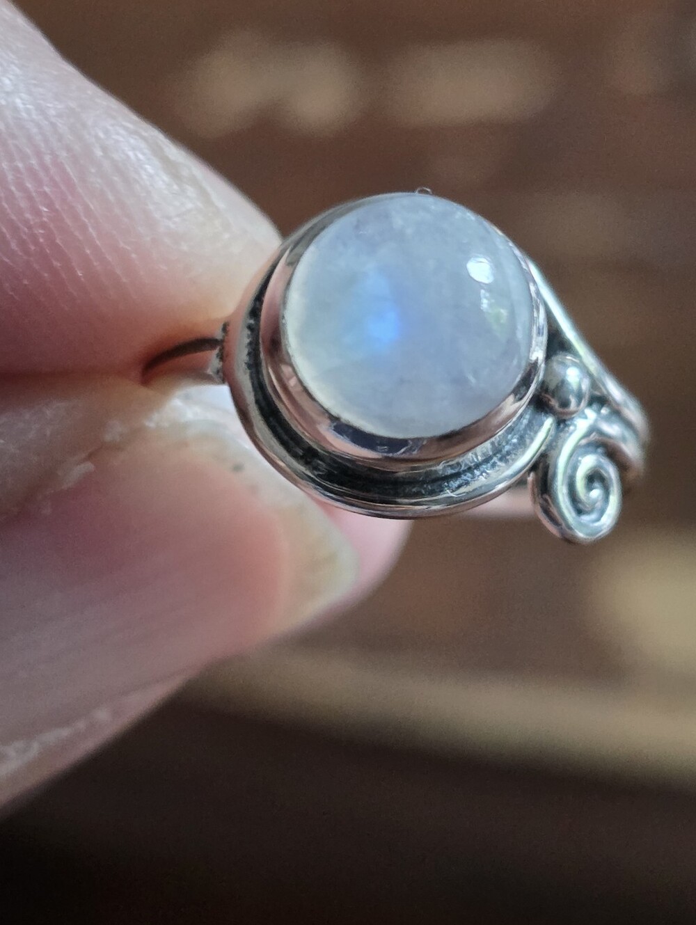 Moonstone Sterling Silver Swirl Ring - White/Blue Flash